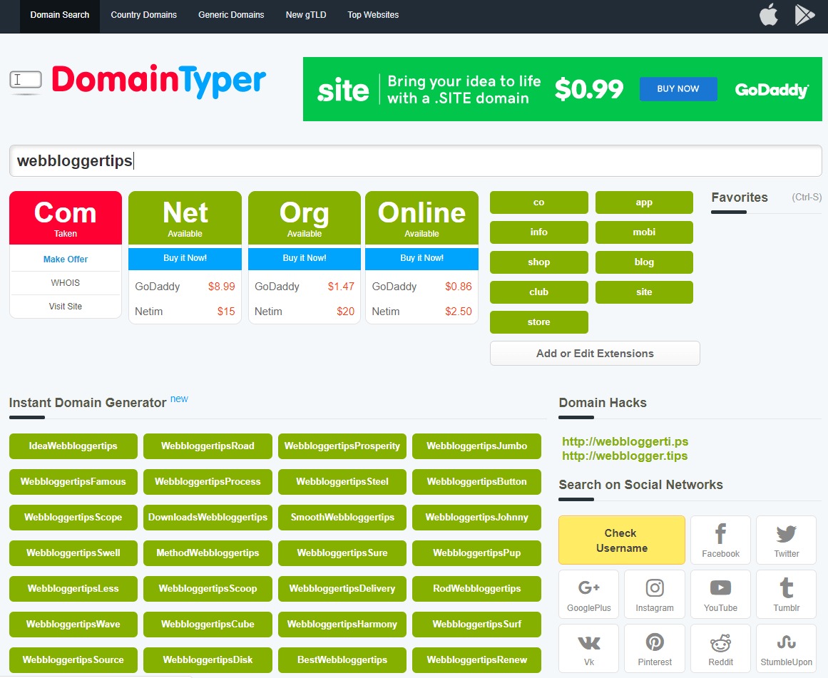 Domain typers par Webbloggertips name search