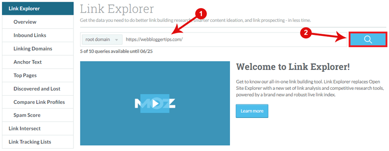 enter your blog URL in moz 
