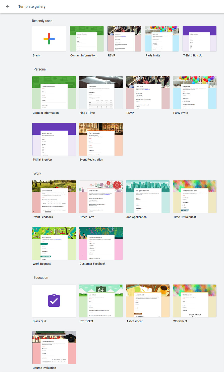 Google forms all templates