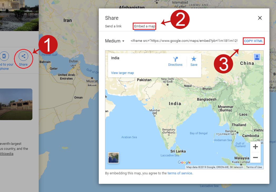 google maps share button, embed code tab and code copy