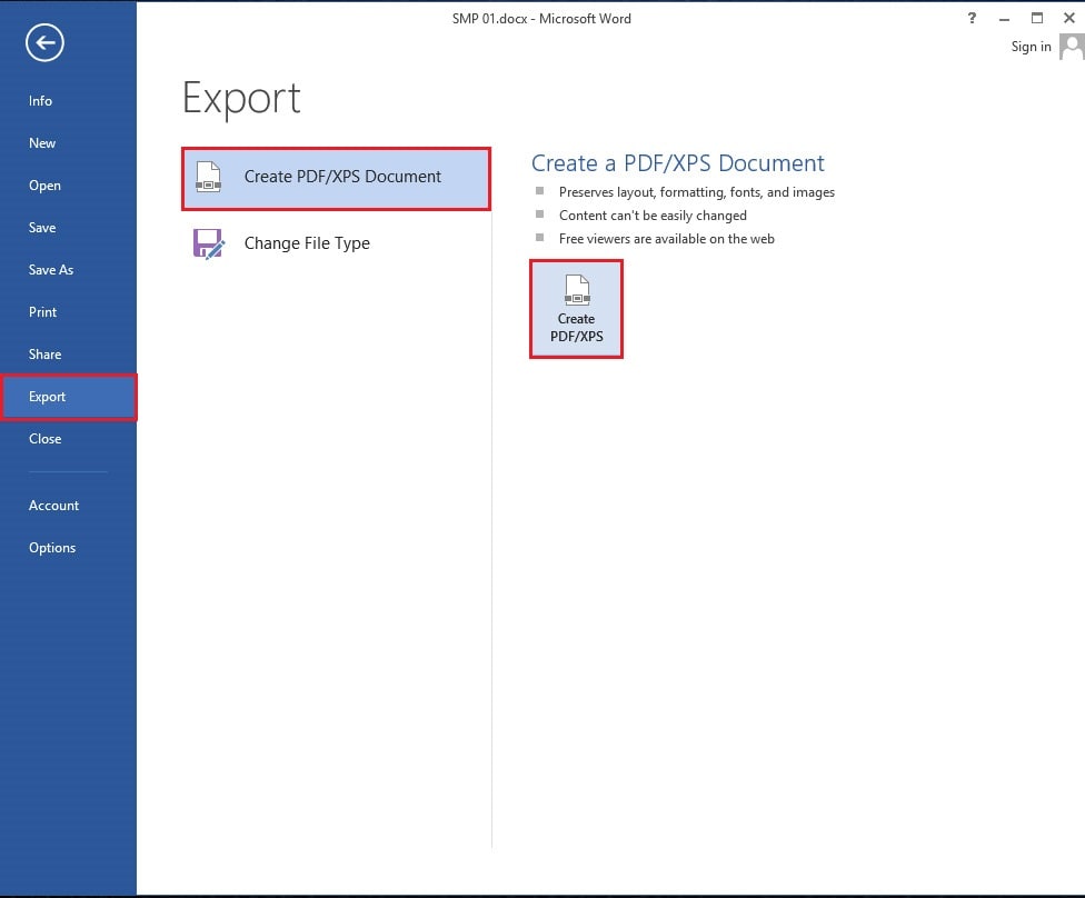 Create PDF/XPS document option in office 2013