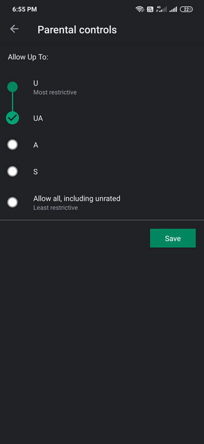Parental Controls Movies in Google playstore