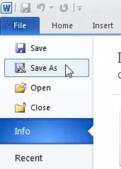 click to Save As option in Ms office 2010