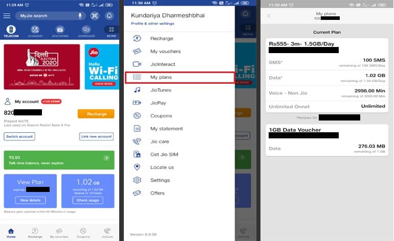 Select My Plans option in My jio apps menu