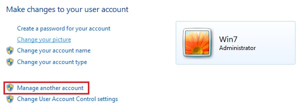 Manage another account for New User Account Create in windows 7