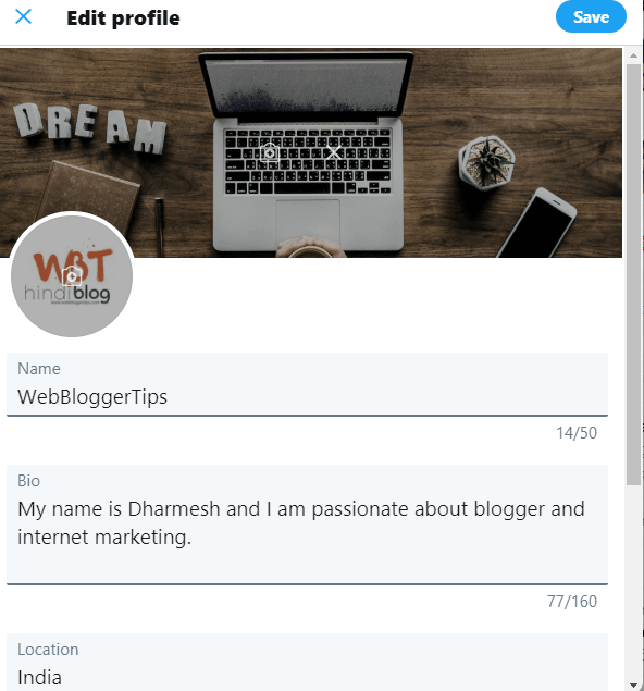 Edit profile in Twitter