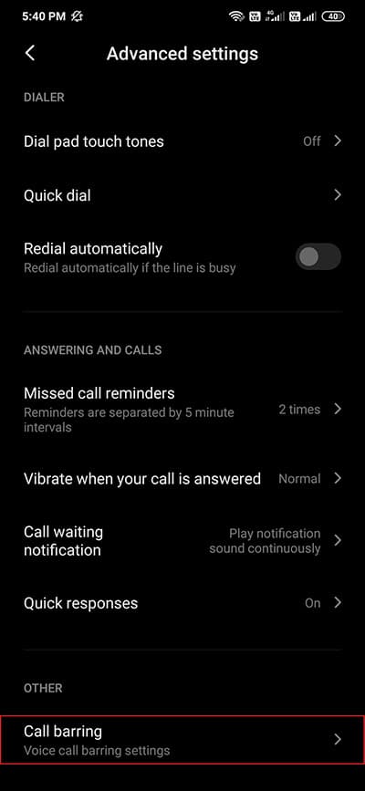 Call barring options in Mobile