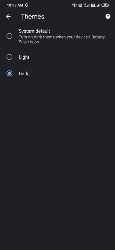 Android phone me chrome dark mode option