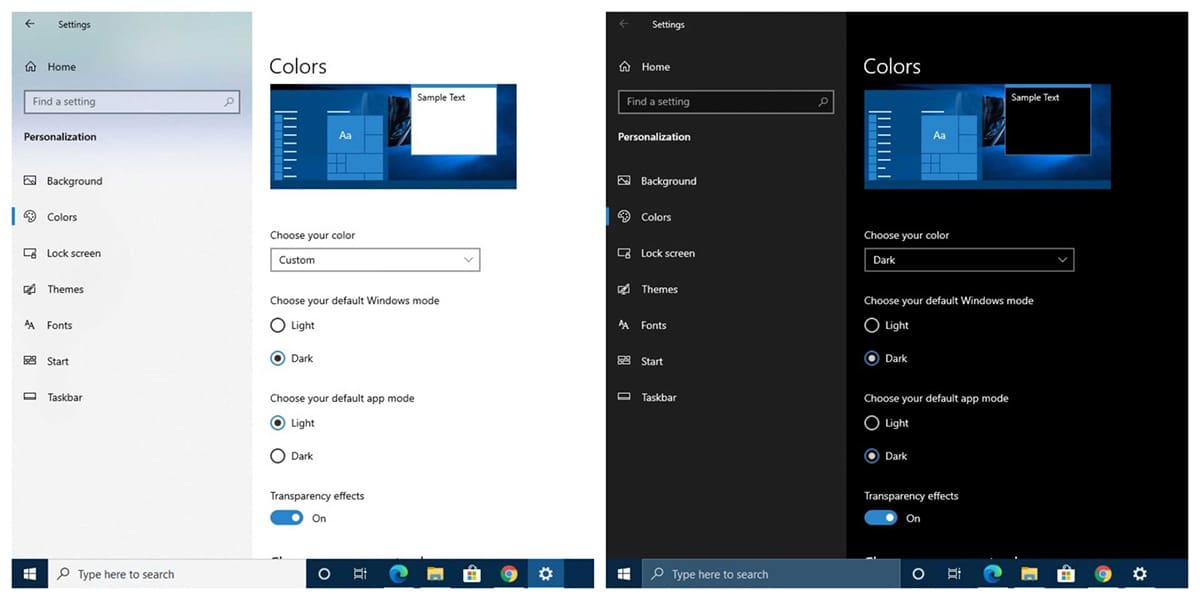 Windows 10 me dark mode enable option
