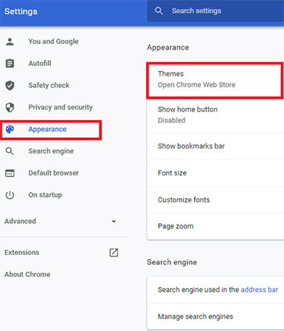 Select Appearance - Themes options in chrome browser