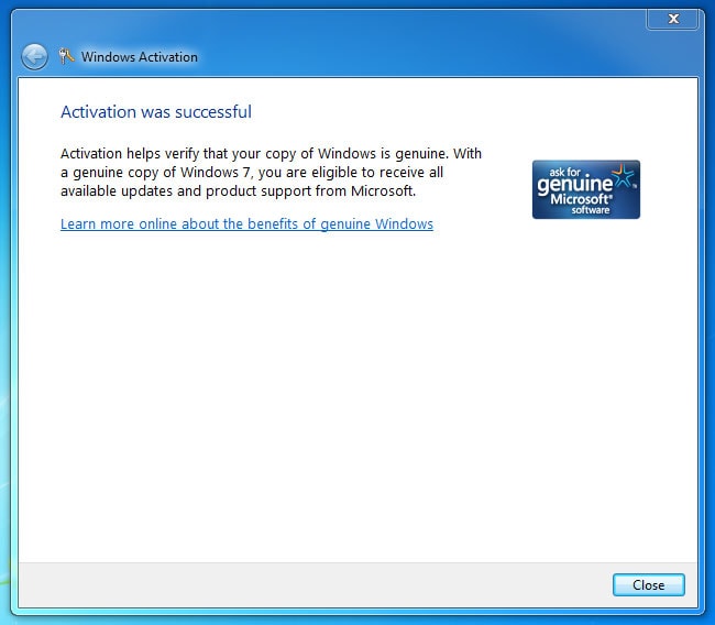 Activation was successful pop up msg in windows 7