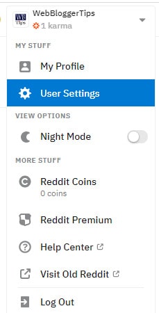 User settings in reddit