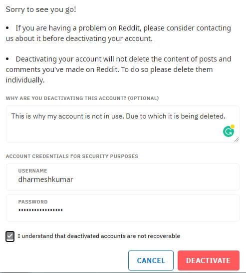 reddit account delete ke liye deactivate par click kare