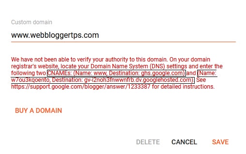 Type Custom Domain Name (CDN) in Blogspot blog Settings