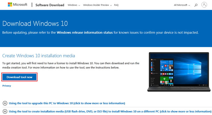 Download tool now button in Microsoft site