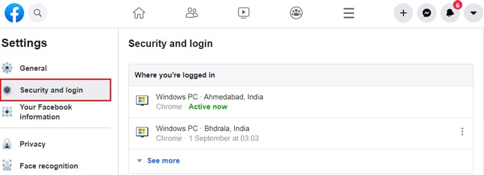 Security and Login for Facebook log out options