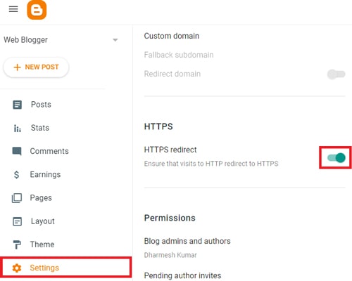 Setting - HTTPS button enable in Blogger blog