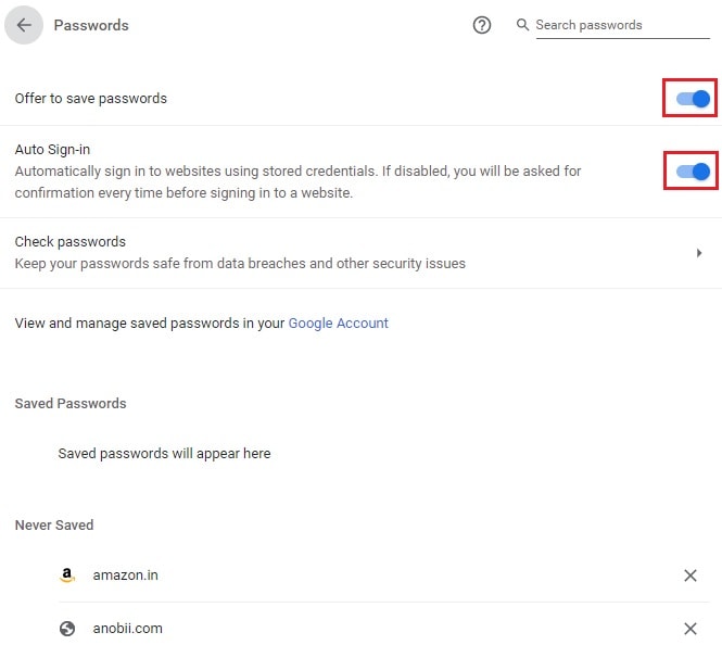 Chrome autofill password configure options