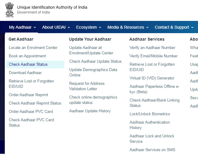 (आधार कार्ड चेक) click kare My Aadhar-Check Aadhaar Status