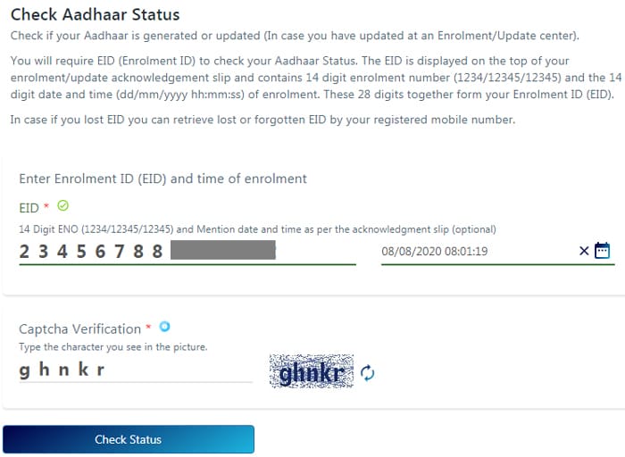 Online aadhar card Status check