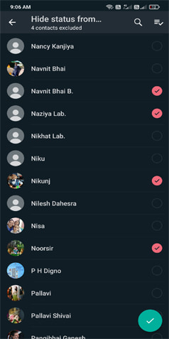 WhatsApp Status Hide for contacts Selection
