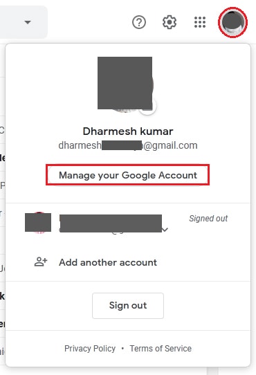 click to profile and Manage your google account