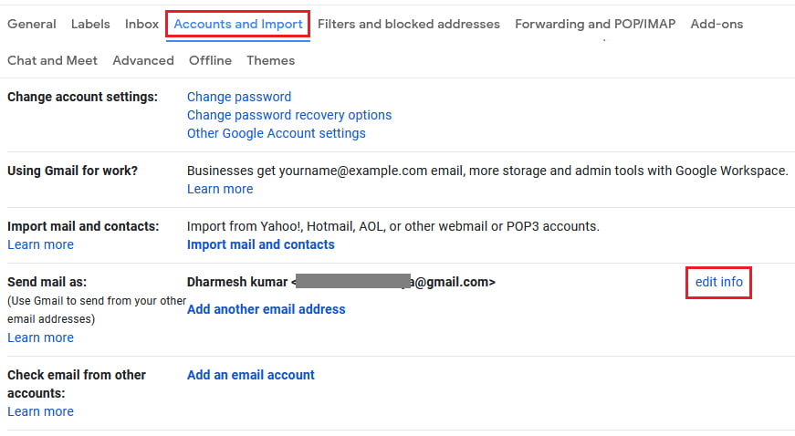 Accounts and Import option in Gmail