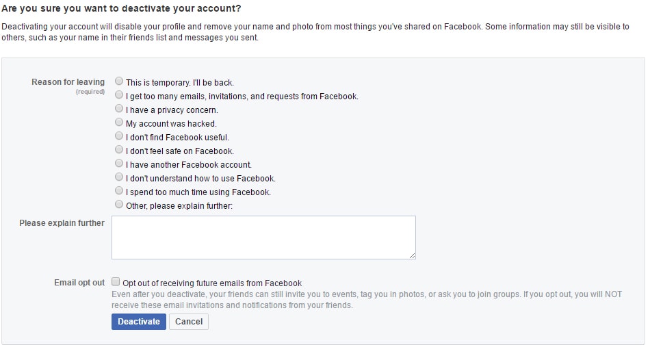 Confirm deactivate facebook on pc