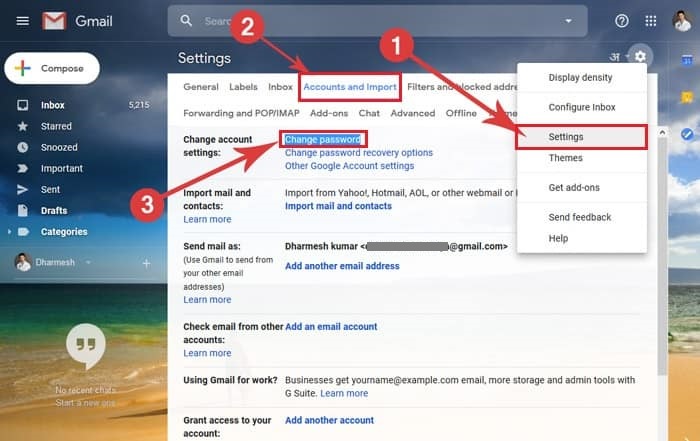 Gmail settings accounts and import change password