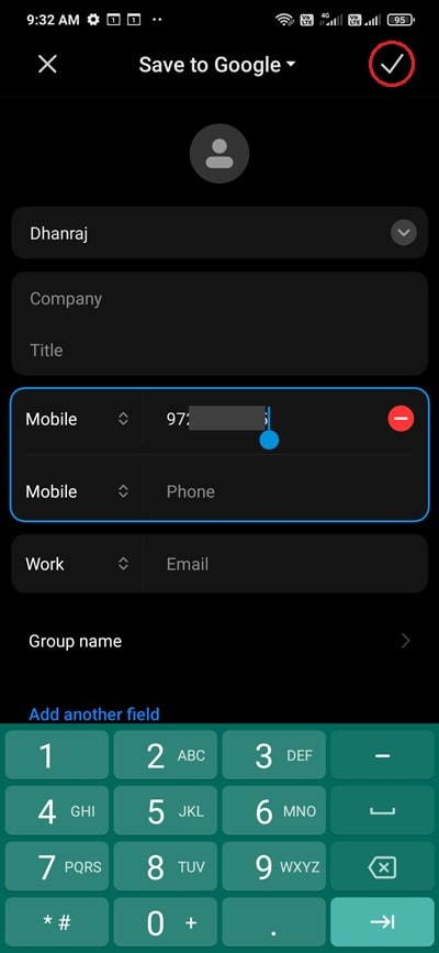 Info fill New Contact Whatsapp