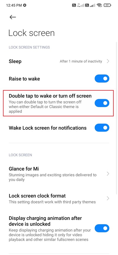 Enable to Double tap to wake or turn off screen