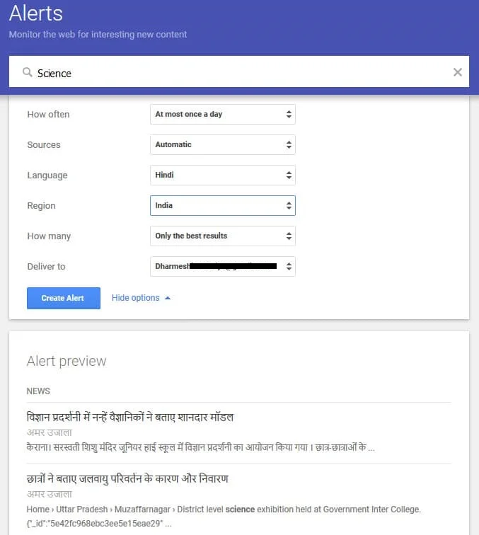 Click on show option in google alerts