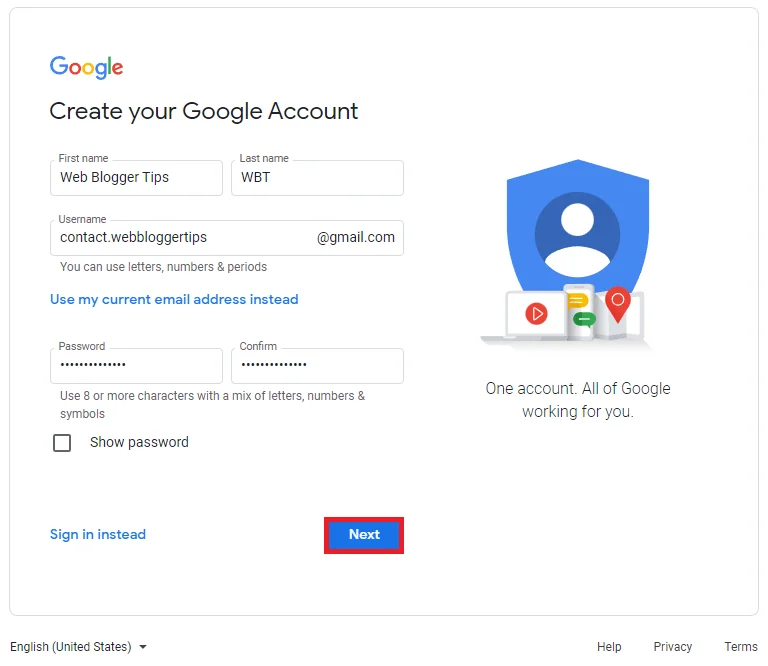 New Gmail Account Info