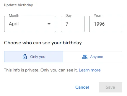 Update birthday kare google account mein